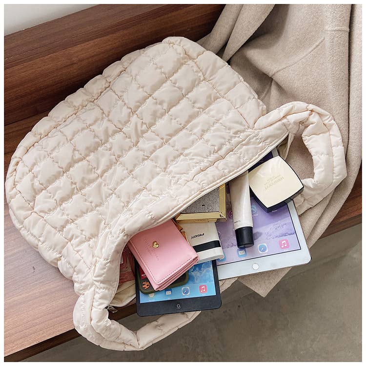 Quilted Zipper Large Shoulder Bag: Light French Beige