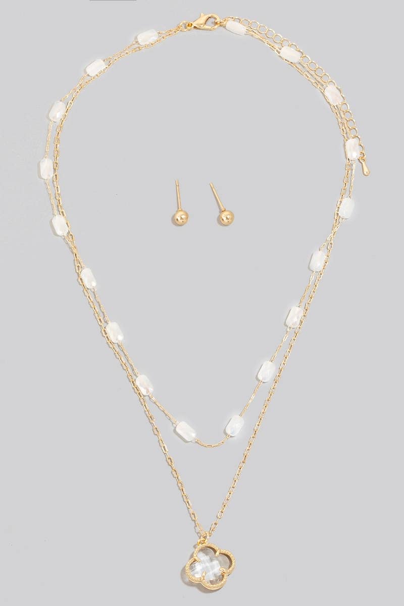 Layered Mixed Beaded Faceted Clover Pendant Necklace Set