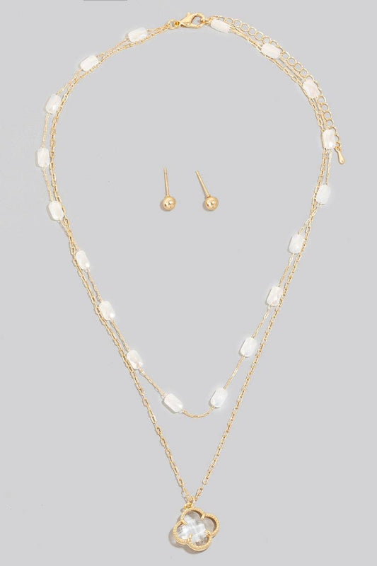 Layered Mixed Beaded Faceted Clover Pendant Necklace Set