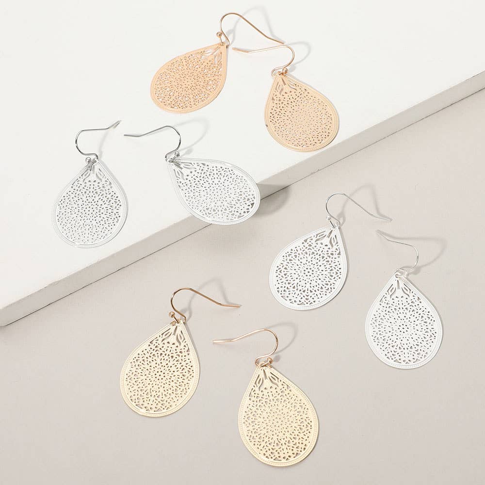 Matte Metal Filigree Teardrop Earrings: Yellow Gold