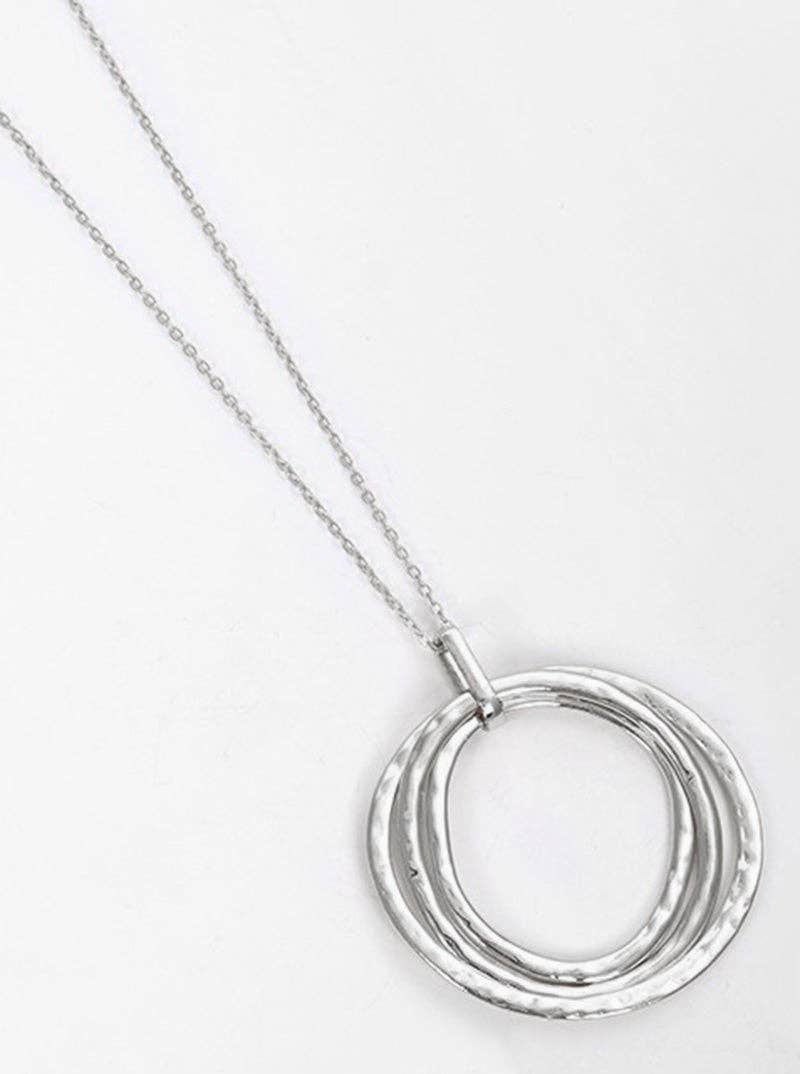 Hammered Metal Tri Circles Pendant Long Necklace: RHODIUM