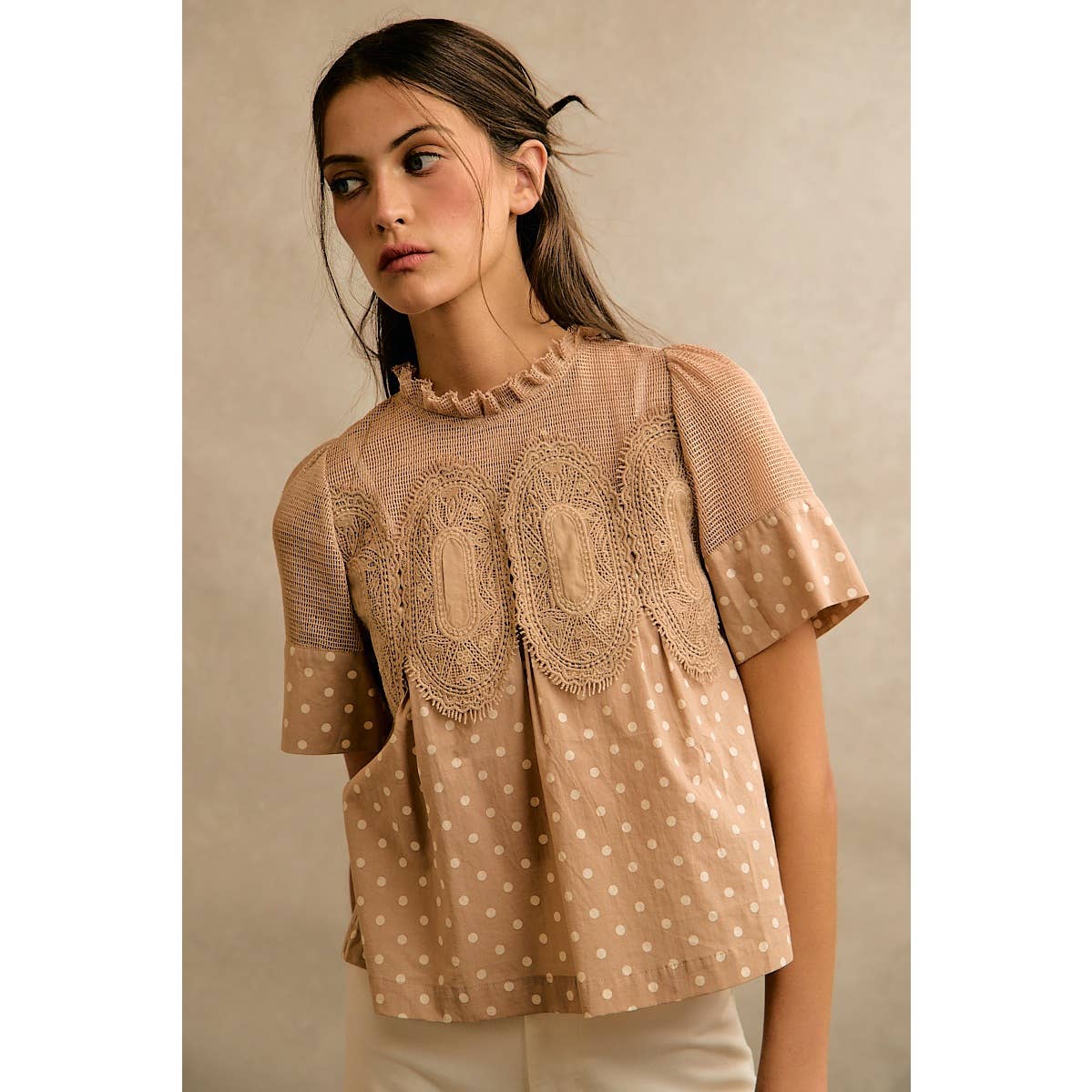 Beige Polka Dot Lace Trim Cotton Blouse