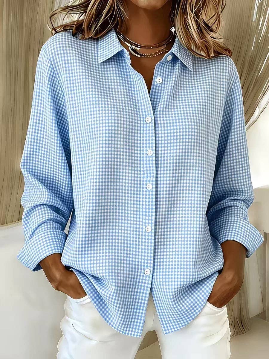Women's Gingham Long Sleeve Button Down Shirt: Sage Green / 100%Polyester / S