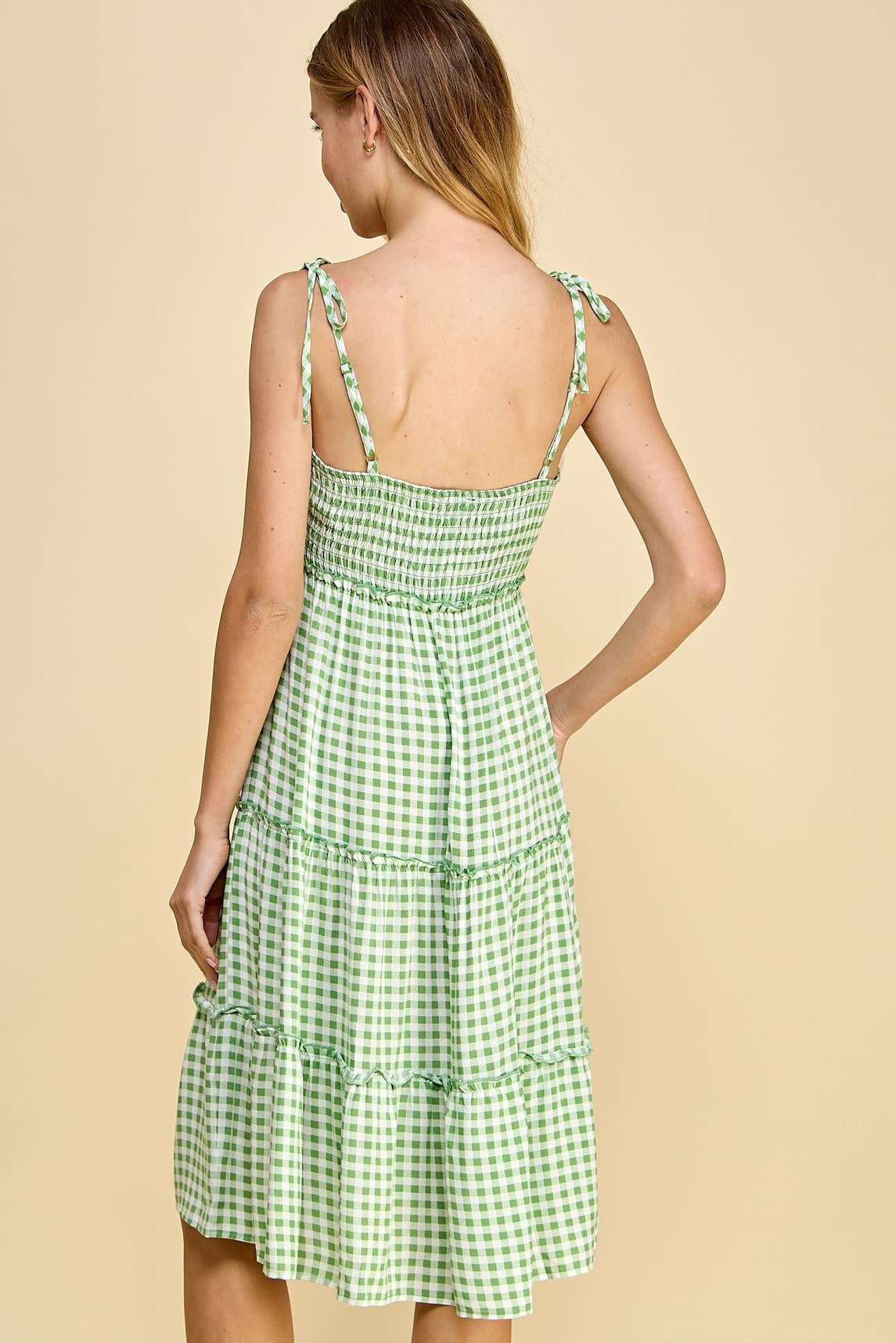 Green Gingham Tie Shoulder Midi Tiered Dress