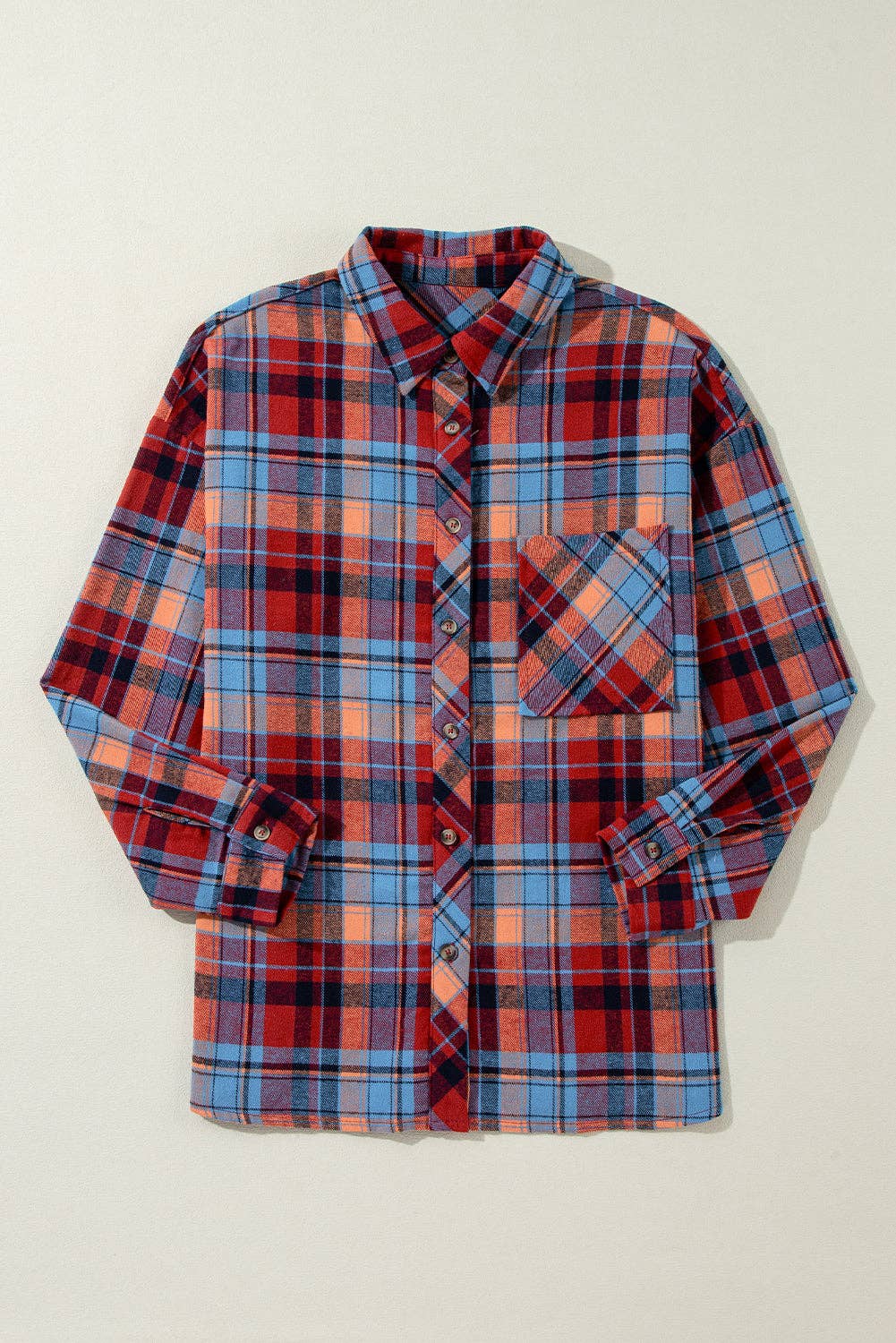 Women's Plaid Print Loose Vintage Shirt: Orange / 100%Cotton / S