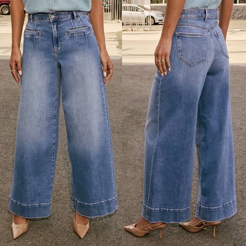 Casual Wide Leg Stretch Washed Denim Pants