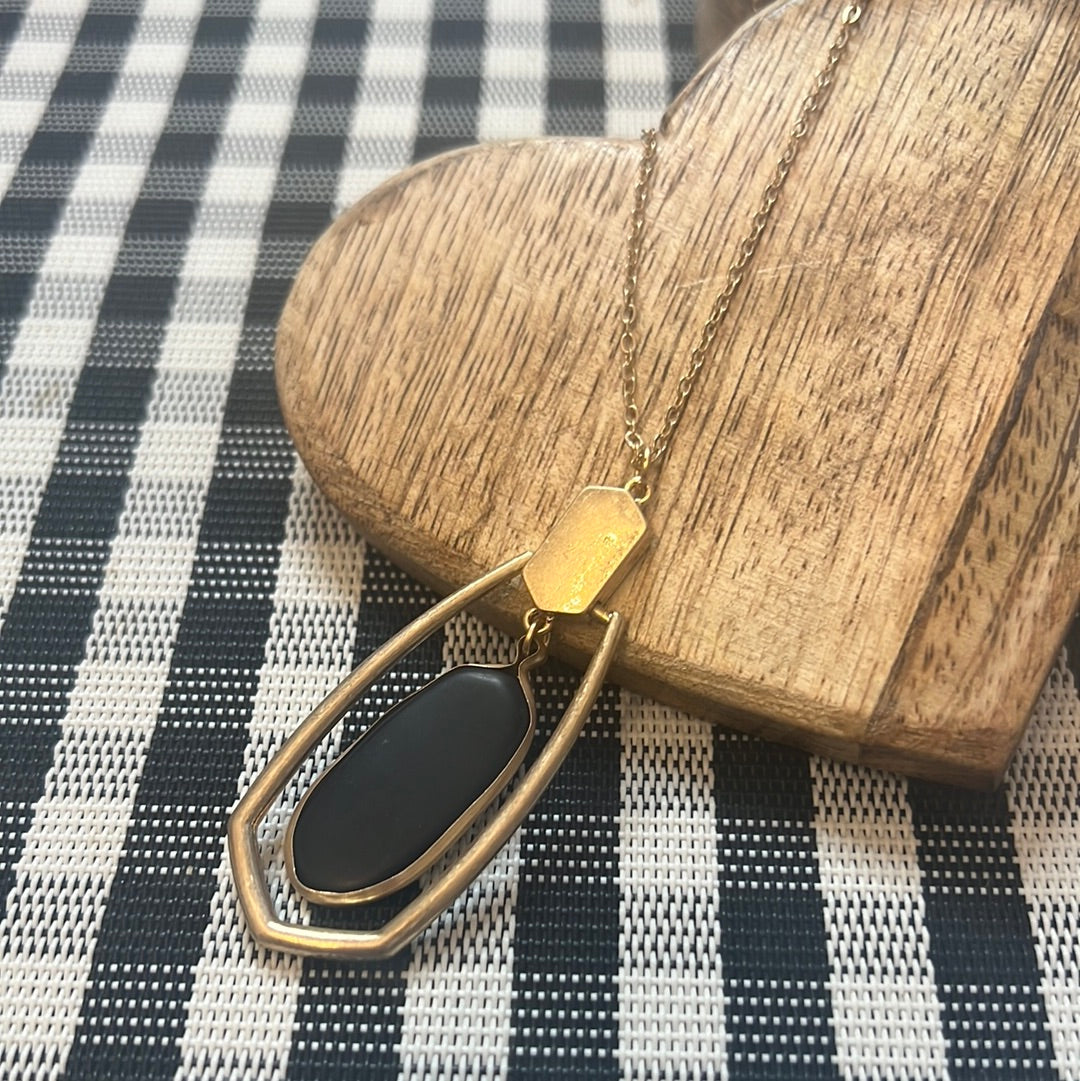 Geometric Black Stone Pendant Long Necklace