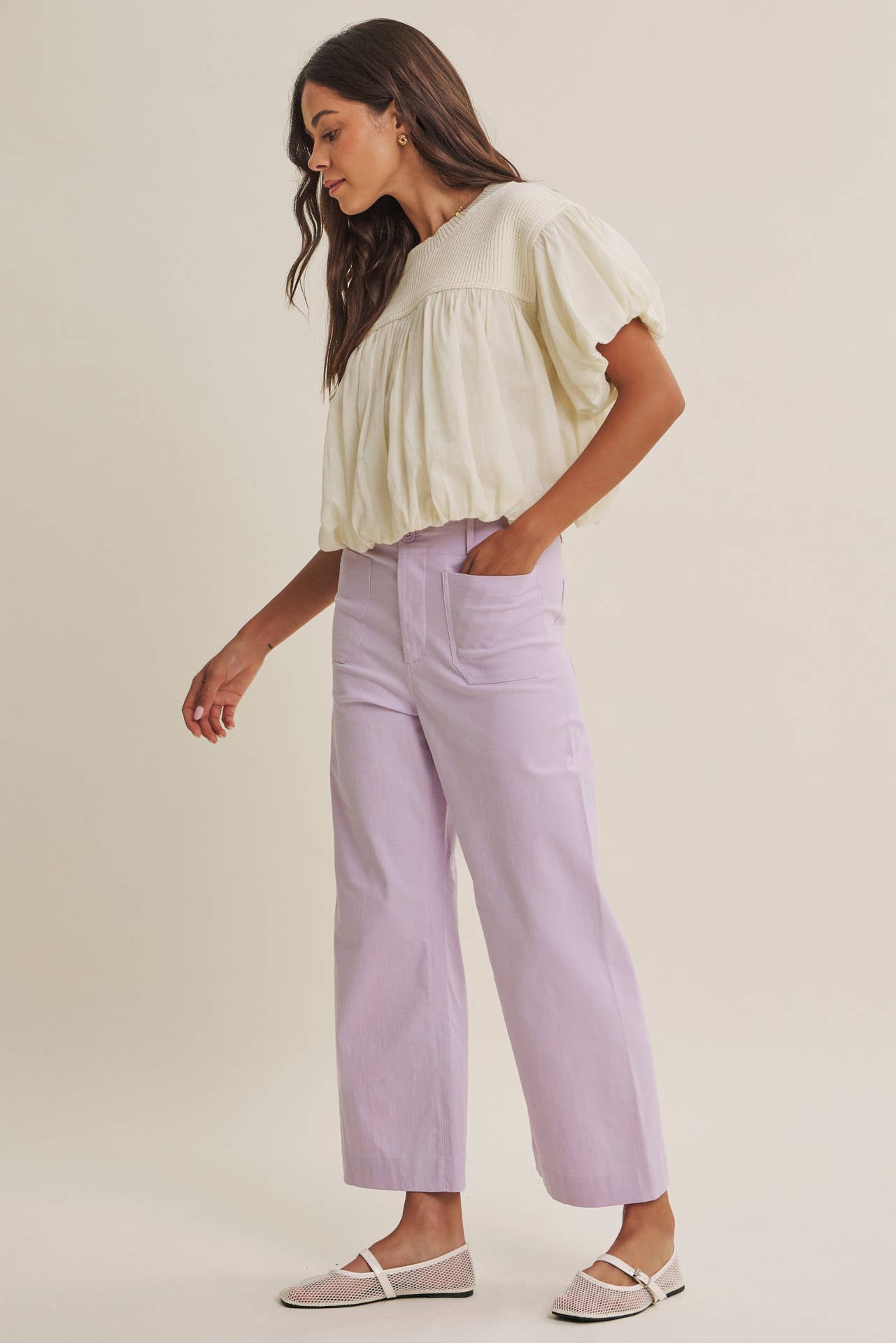 SEASONLESS STRETCHY COTTON LINEN ANKLE PANTS WITH POCKETS: LILAC / S