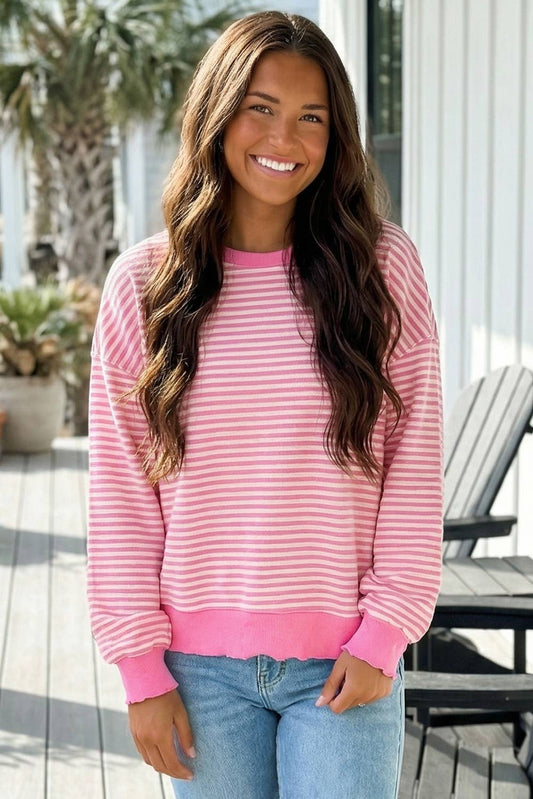 Pink Stripe Loose Drop Shoulder Long Sleeve Top