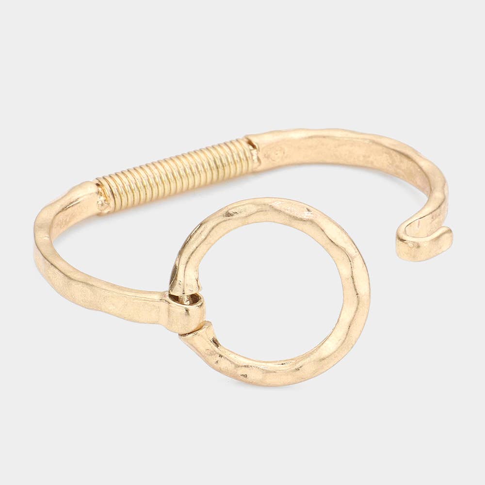 Hammered Open Metal Circle Hook Bracelet: WORN SILVER