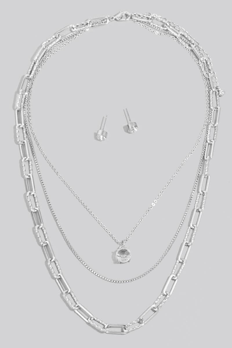 Silver Faceted Gem Pendant Layered Chains Necklace Set