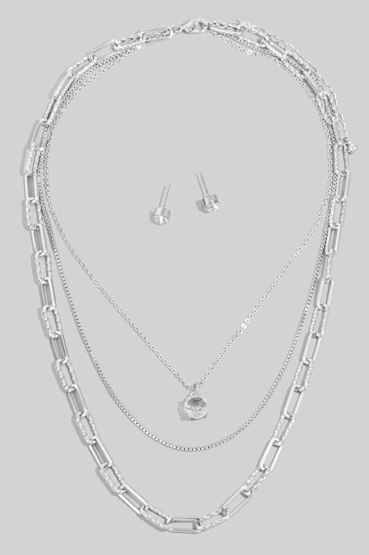 Silver Faceted Gem Pendant Layered Chains Necklace Set