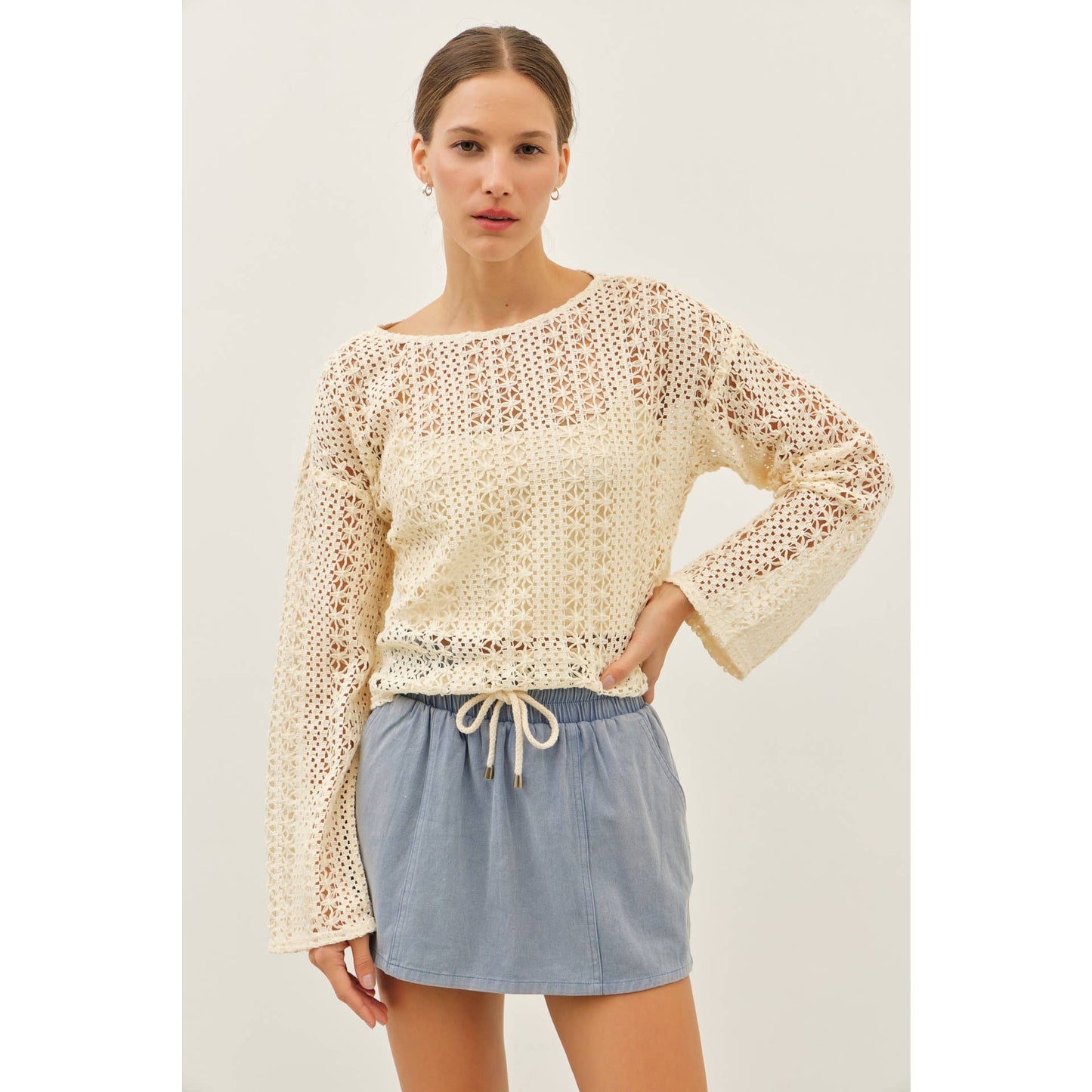 Cream Sheer Floral Crochet Top With Bell Sleeves