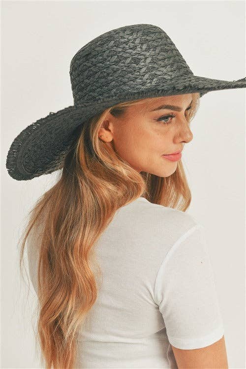 SALE Black Floppy Straw Sun Hat with Frayed Edges
