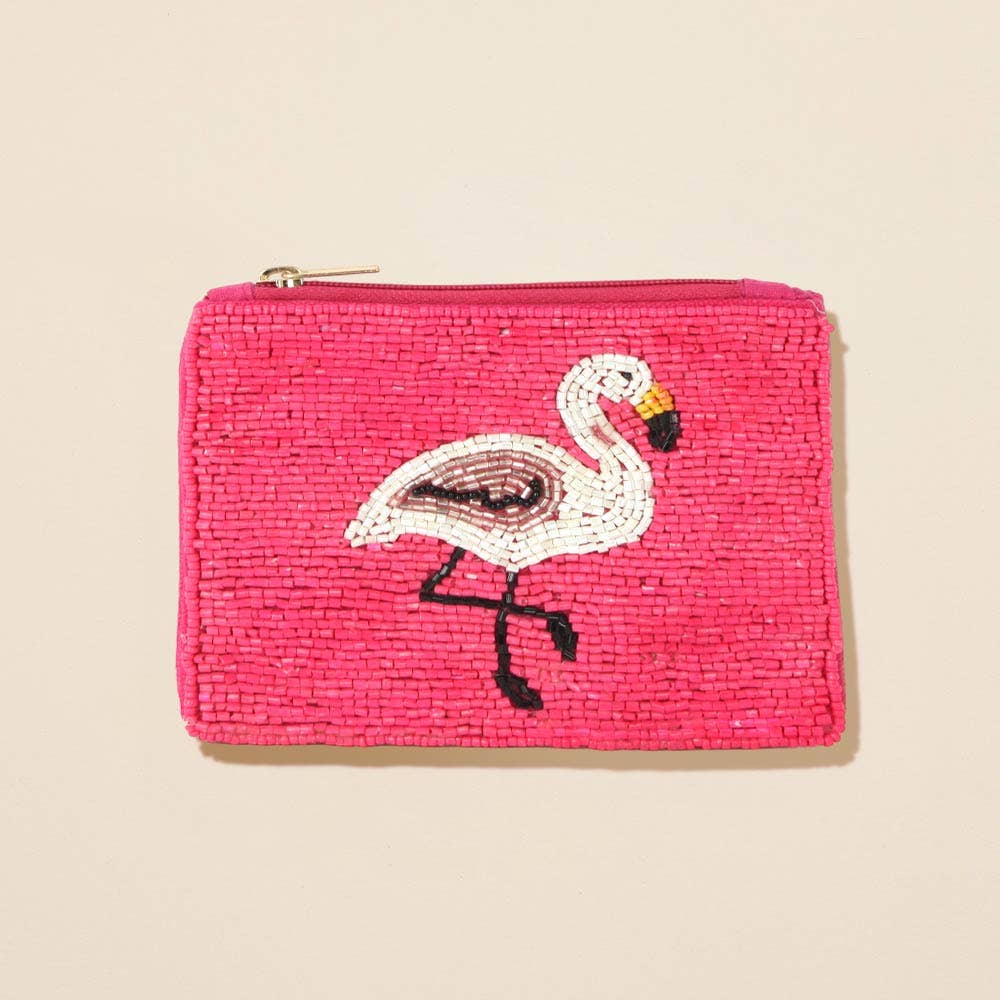 Flamingo Seed Beaded Mini Pouch Bag