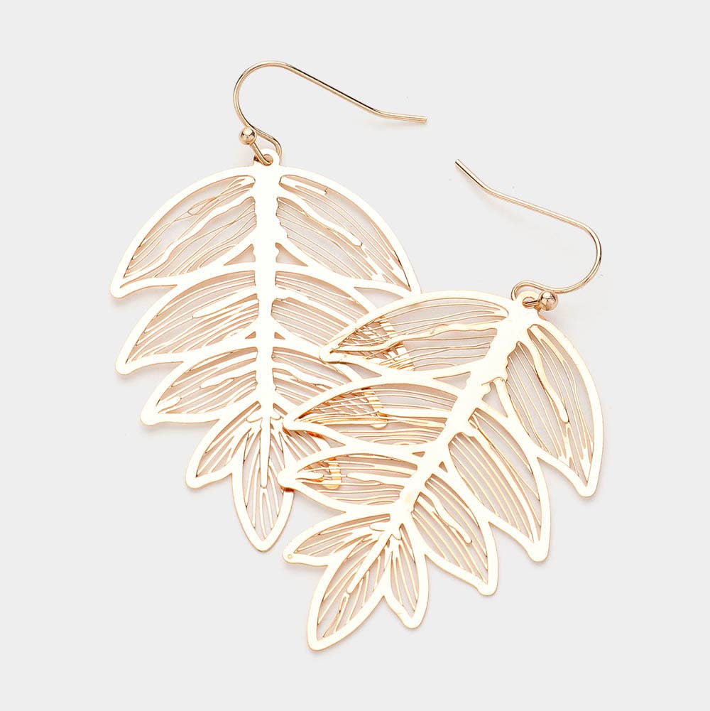 Brass Metal Filigree Leaf Dangle Earrings: Matte gold