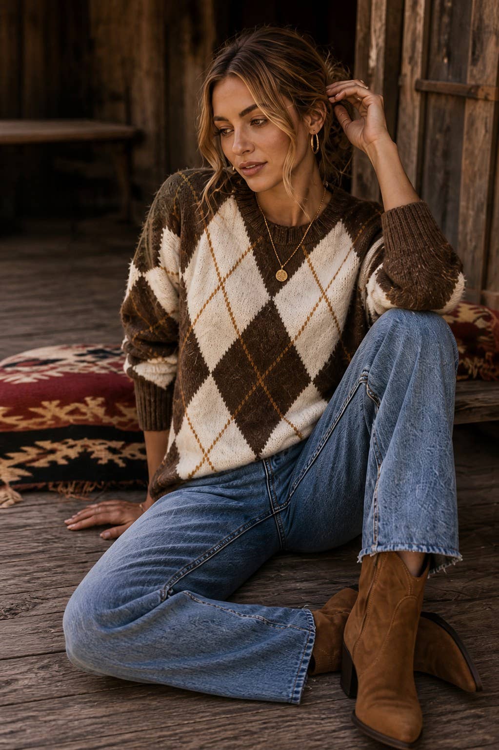 Brown Classic Argyle Knit Sweater