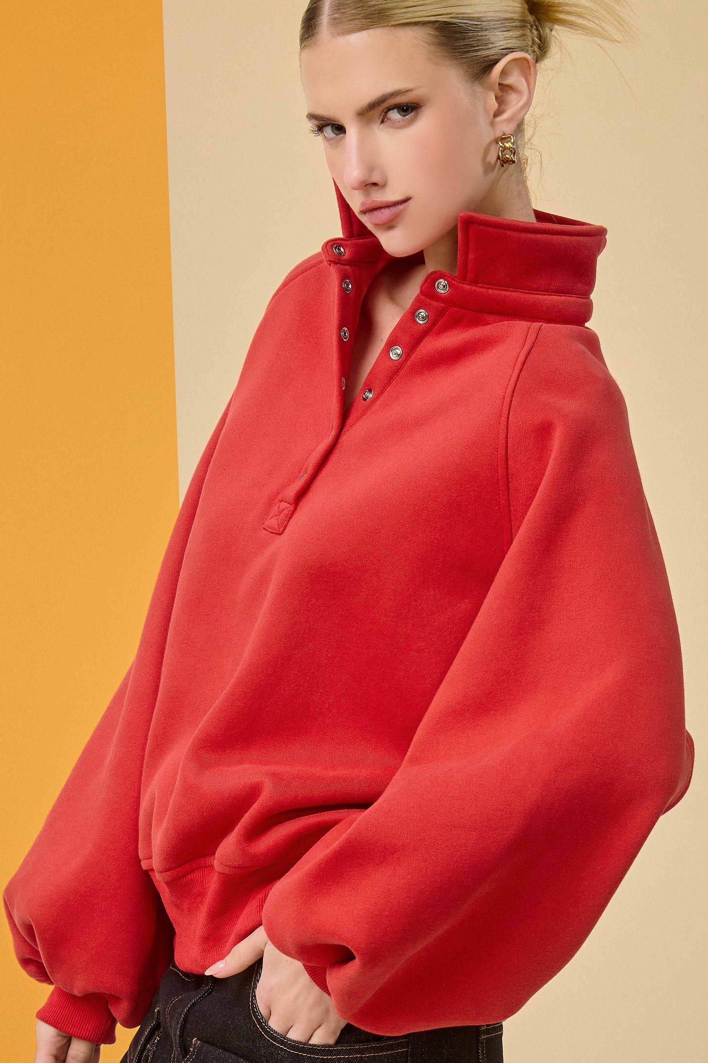 Fire Red Oversized Snap-Button Collared Mock Neck Sweatshirt