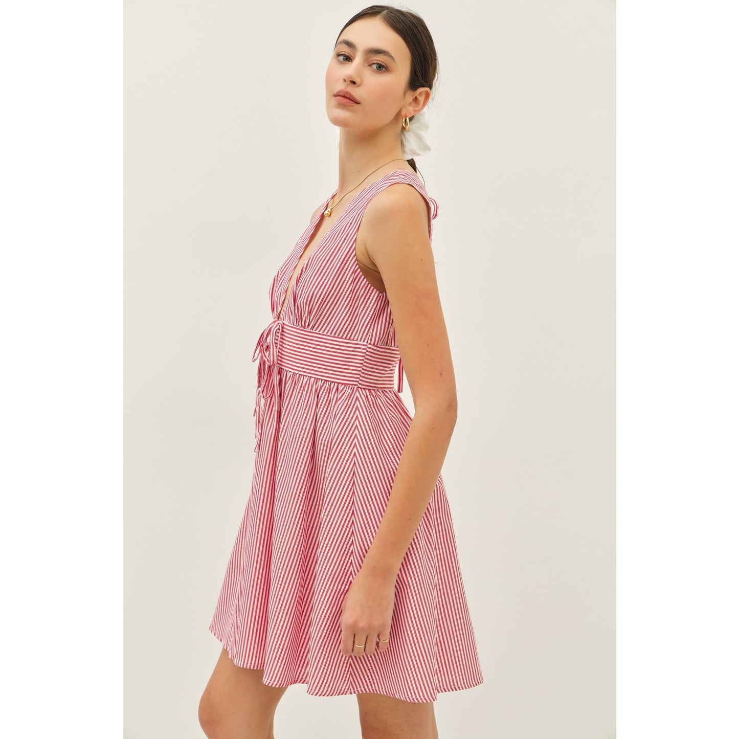Red & White Summer Plunge Neck Stripe Mini Dress