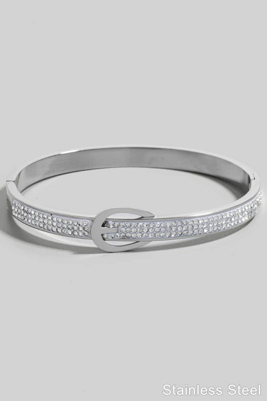 Silver Stainless Steel Pave Belt Style Hinge Bangle Bracelet