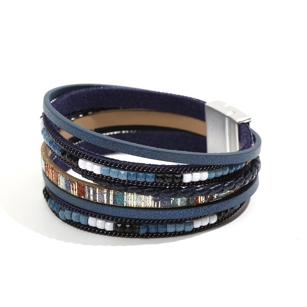 Bohemian Hand-woven Magnetic Buckle Leather Bracelet - BJ/LB: Dark Blue