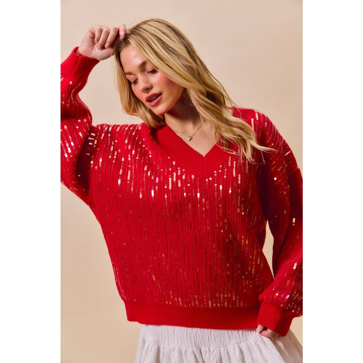Red Sequins V Neck Sweater