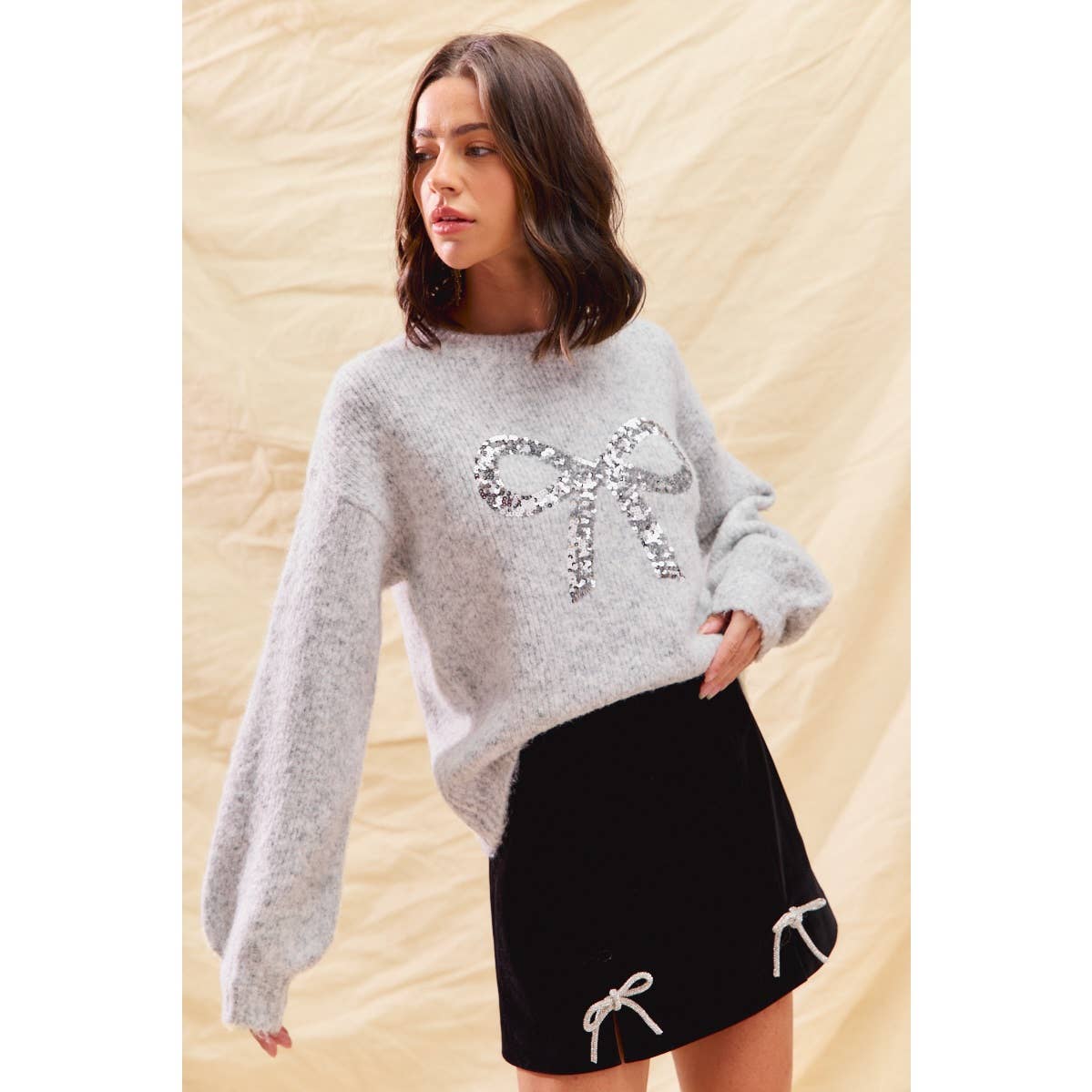 Grey/Silver Ribbon Sequins Holiday Sweater