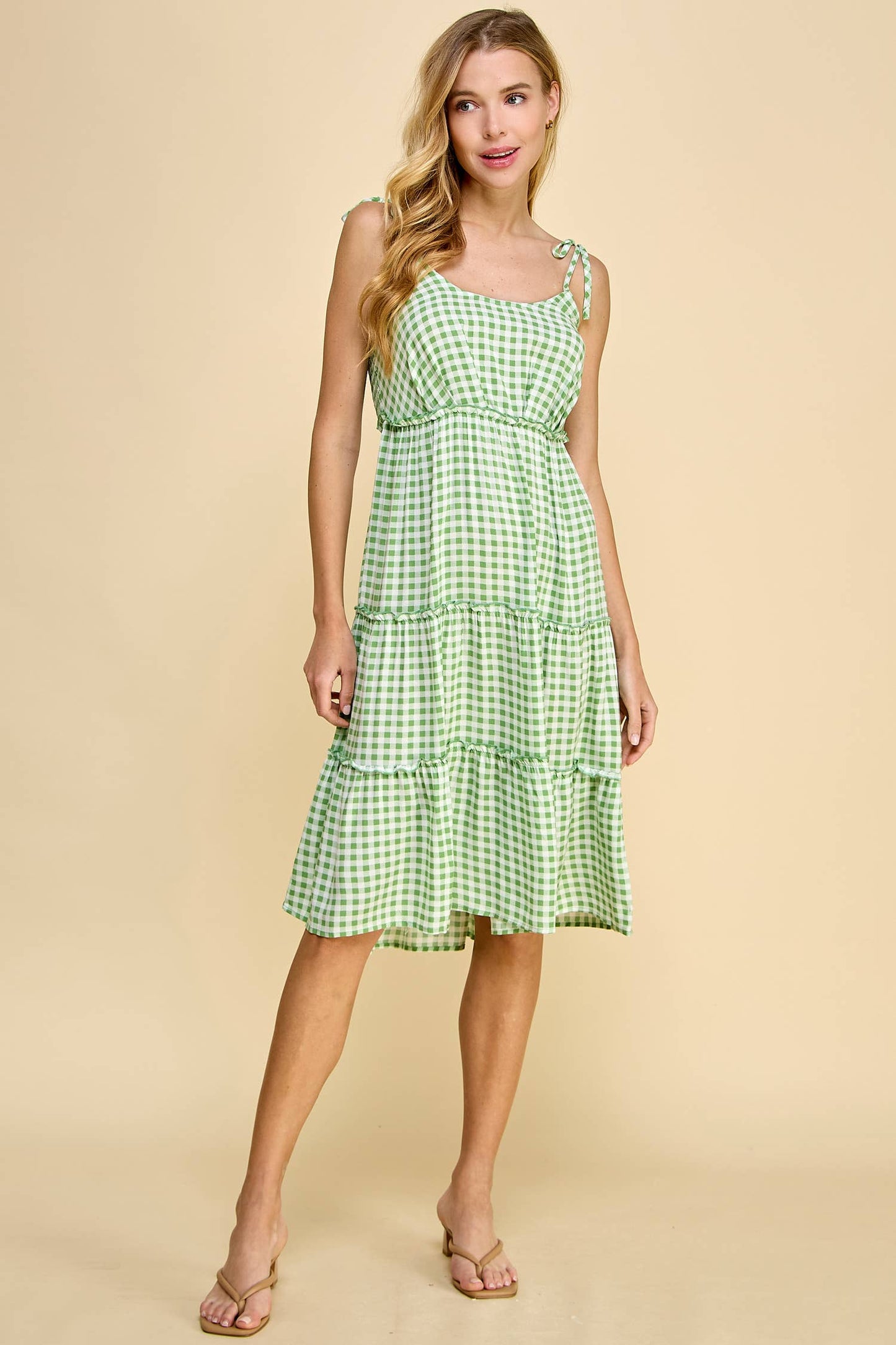 Green Gingham Tie Shoulder Midi Tiered Dress