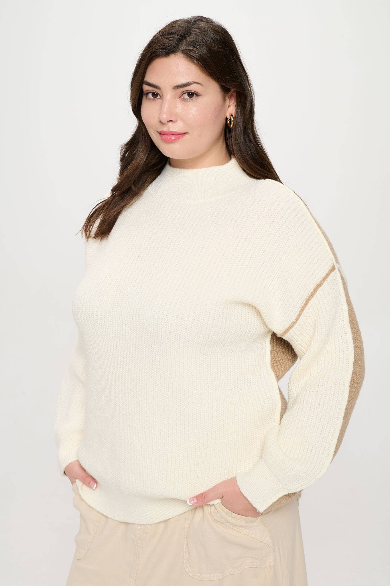 Ivory Colorblock Mock Neck Exposed Seam Sweater Plus Sized