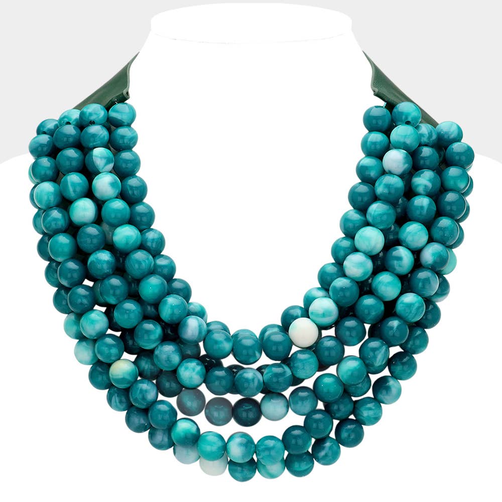 Chunky Acrylic Bead Layered Faux Leather Magnetic Necklace: Brown