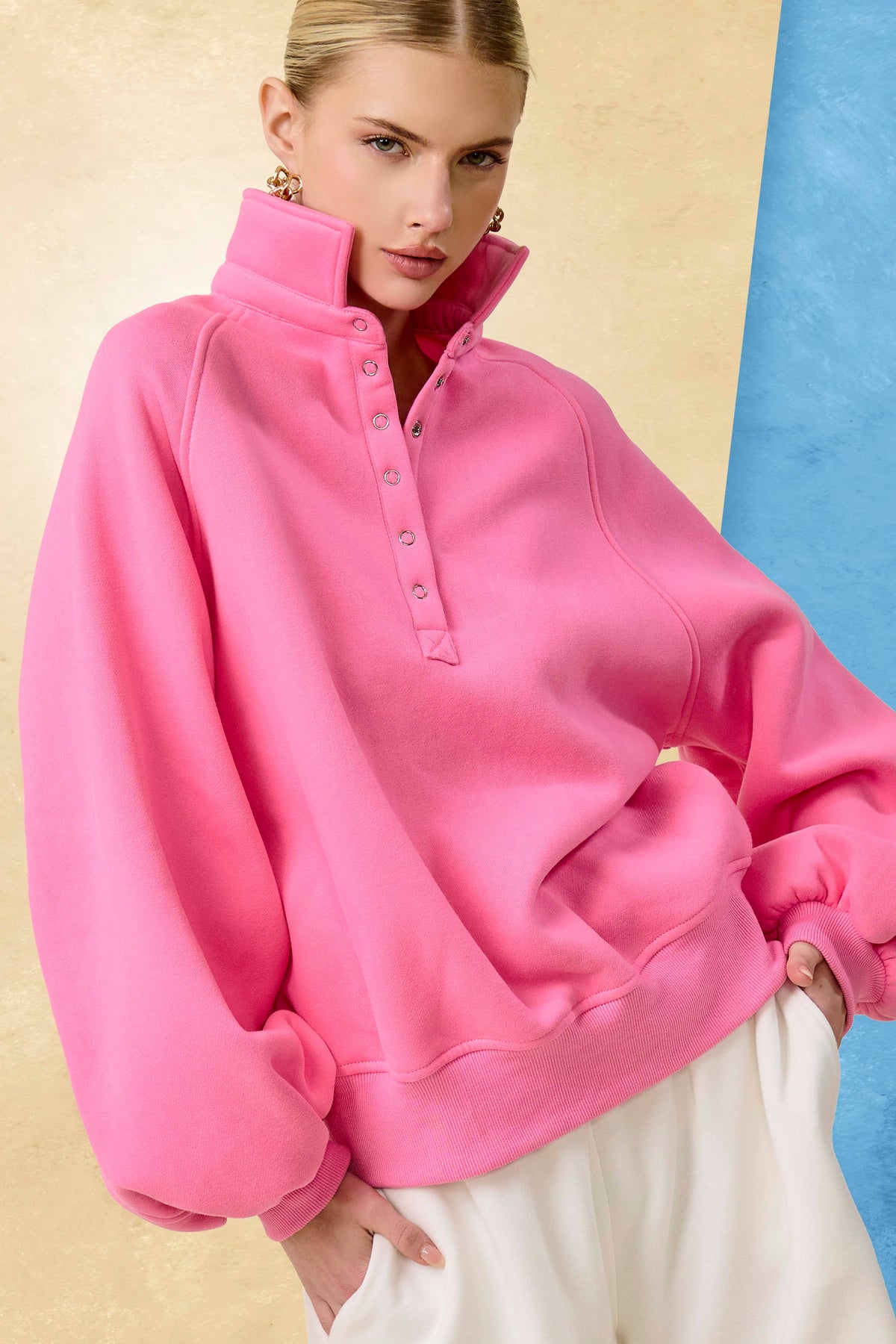 Fire Red Oversized Snap-Button Collared Mock Neck Sweatshirt