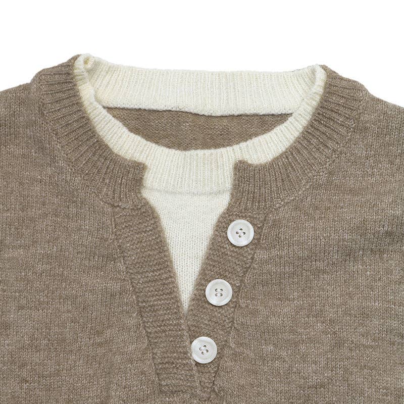 Colorblock Knit Sweater Relaxed Fit Long Sleeve Pullover: Khaki / 35% Polyamide+65% Acrylic / S