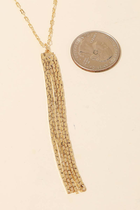 Long Chain Tassel Pendant Necklace Set: Gold Tone