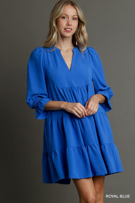 Blue Woven Tiered Split Neck Dress with Smocking Sleeves & Side Pockets