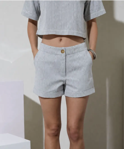 Brown Pinstripe Cuffed Mini Denim Shorts