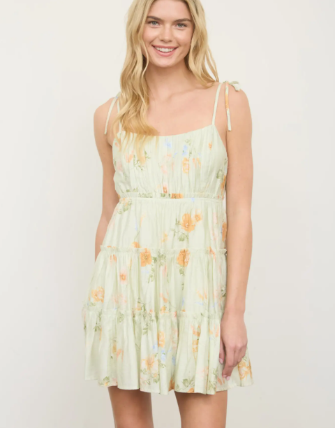 Light Olive Floral Spaghetti Strap Tiered Back Tie Mini Dress