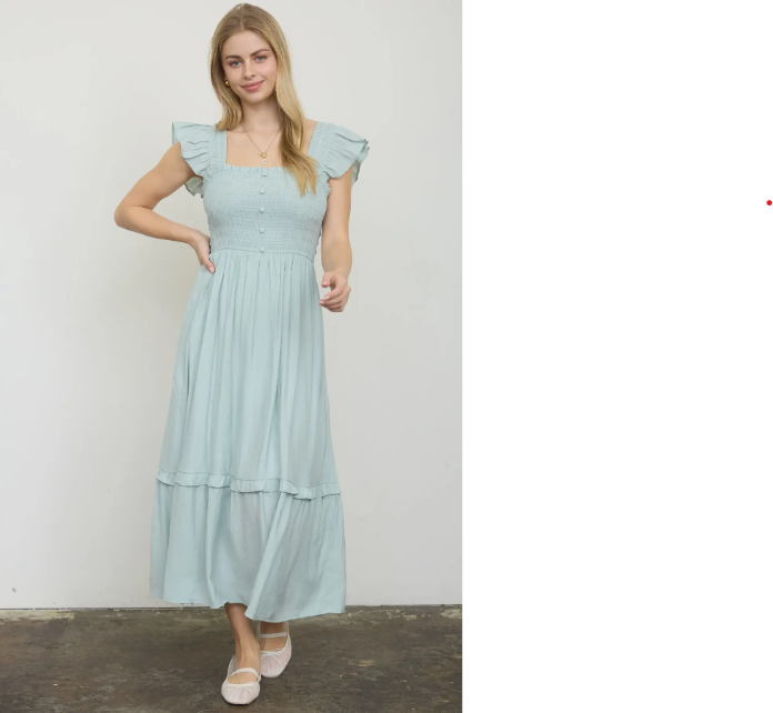 Mint Mock Button Down Smocked Ruffle Midi Dress