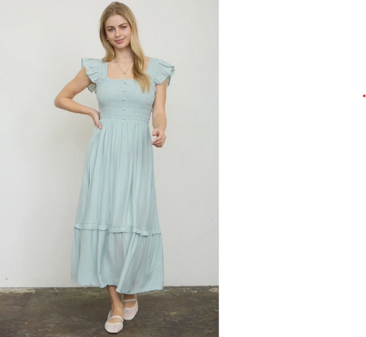 Mint Mock Button Down Smocked Ruffle Midi Dress