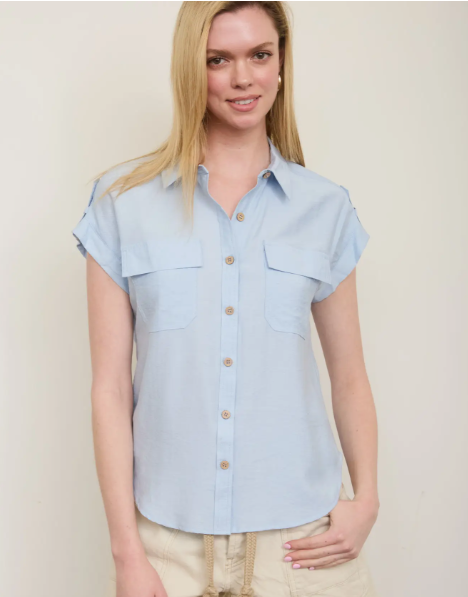 Ice Blue Collared Short Sleeve Top