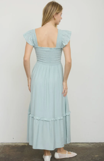 Mint Mock Button Down Smocked Ruffle Midi Dress