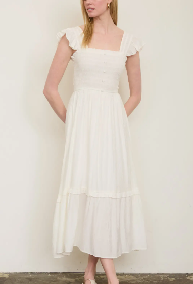 Natural Mock Button Down Smocked Ruffle Midi Dress