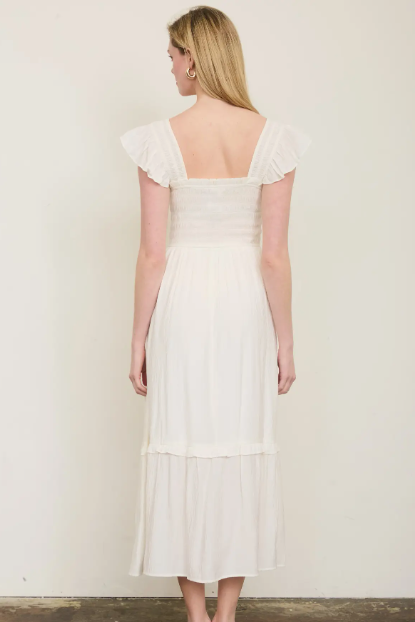 Natural Mock Button Down Smocked Ruffle Midi Dress