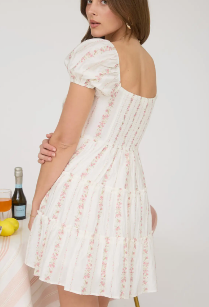 Stripe Pink Floral Puff Sleeve Tiered Dress