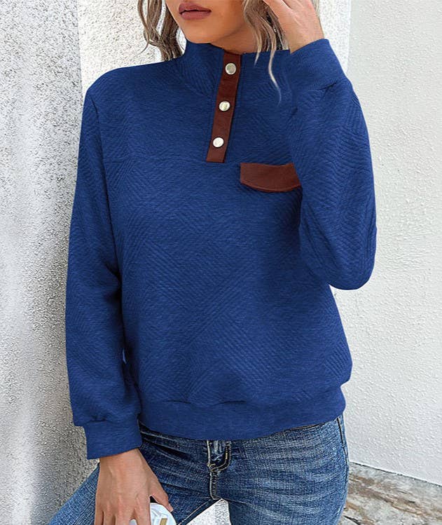 Blue Lapel Buttons Long Sleeves Sweatshirt