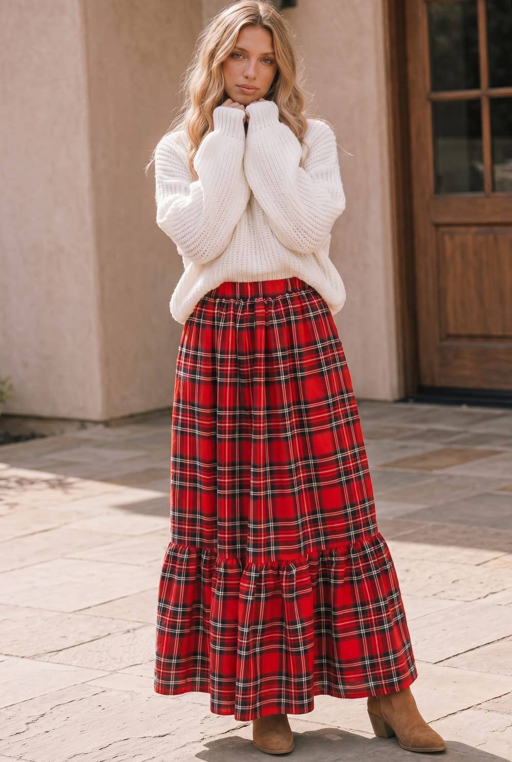 Plaid Tiered Maxi Skirt with Pockets: RED / S