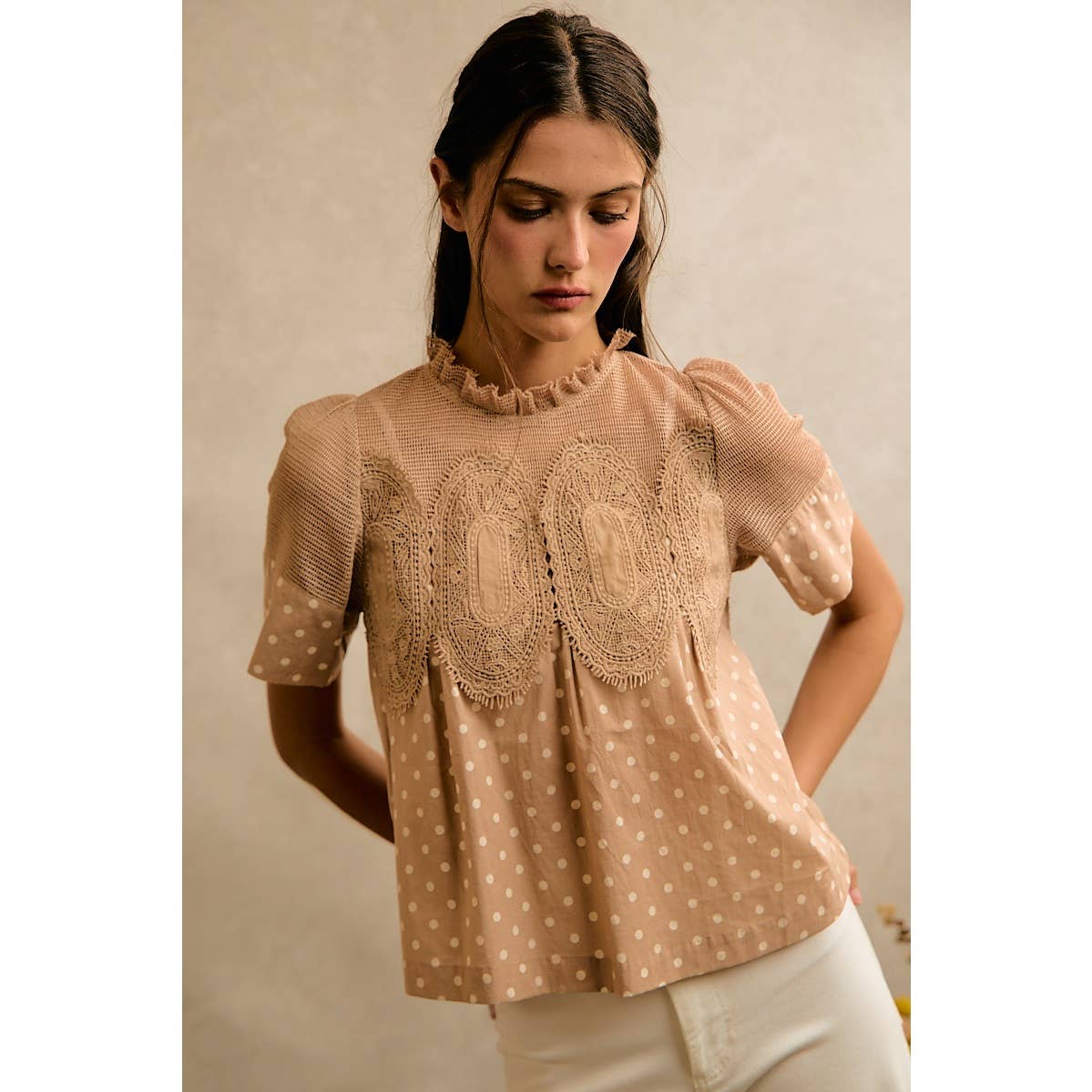 Beige Polka Dot Lace Trim Cotton Blouse