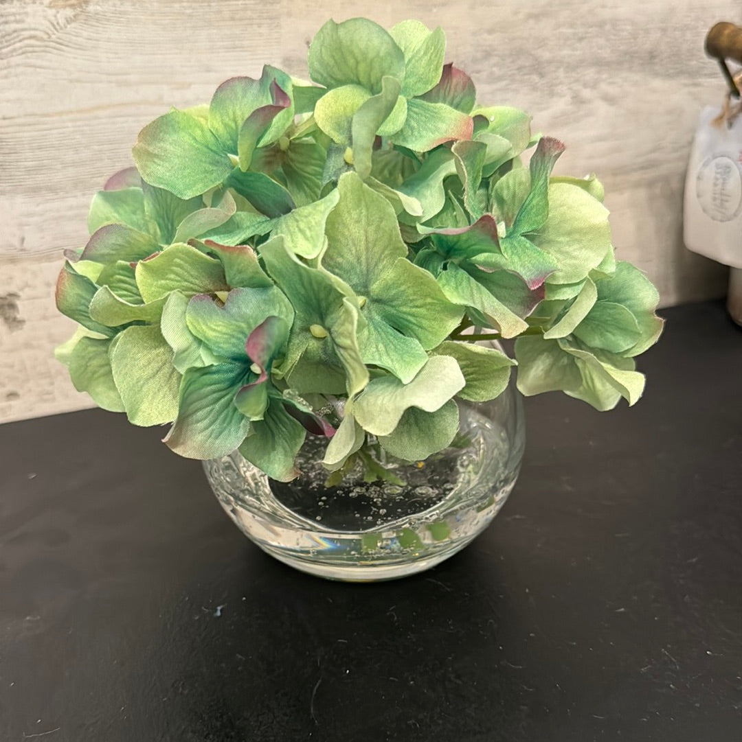 Green Hydrangea Floral Arrangement in Glass Vase