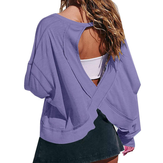 Purple Slouchy wrapped cutout back workout long sleeve Tee