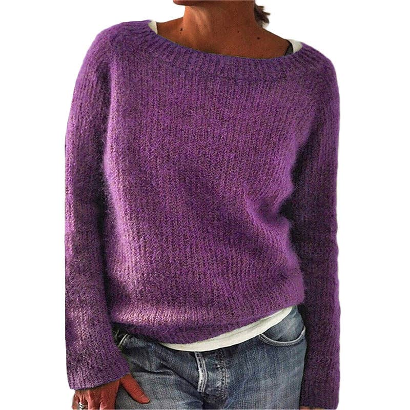 Women's Crew Neck Long Sleeve Solid Knit Pullover Sweater: Gray / S