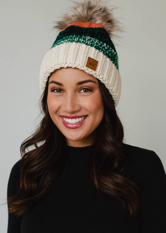 White, Green & Orange Patterned Pom Hat